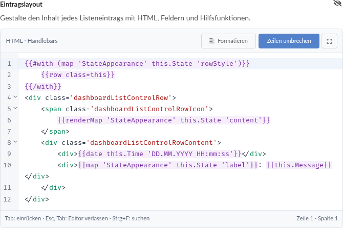Eintragslayout mit hervorgehobenem Handlebars-Code, Formatieren, Zeilenumbruch und zugeordnetem Ereignisfragment