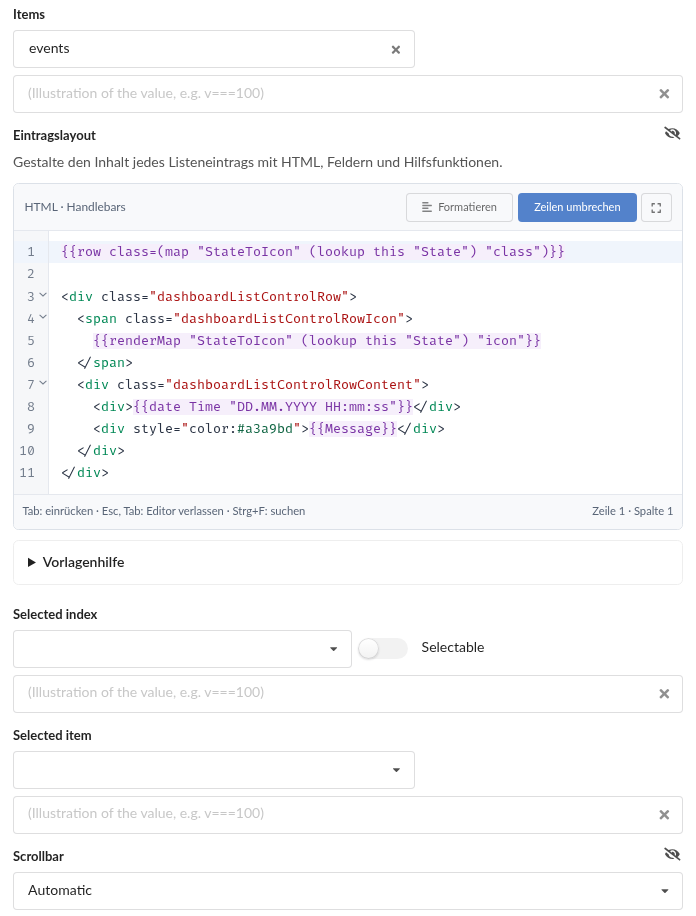Aktuelle List-Eigenschaften mit Items-Bindung, Codeeditor, Auswahloptionen und Scrollbar