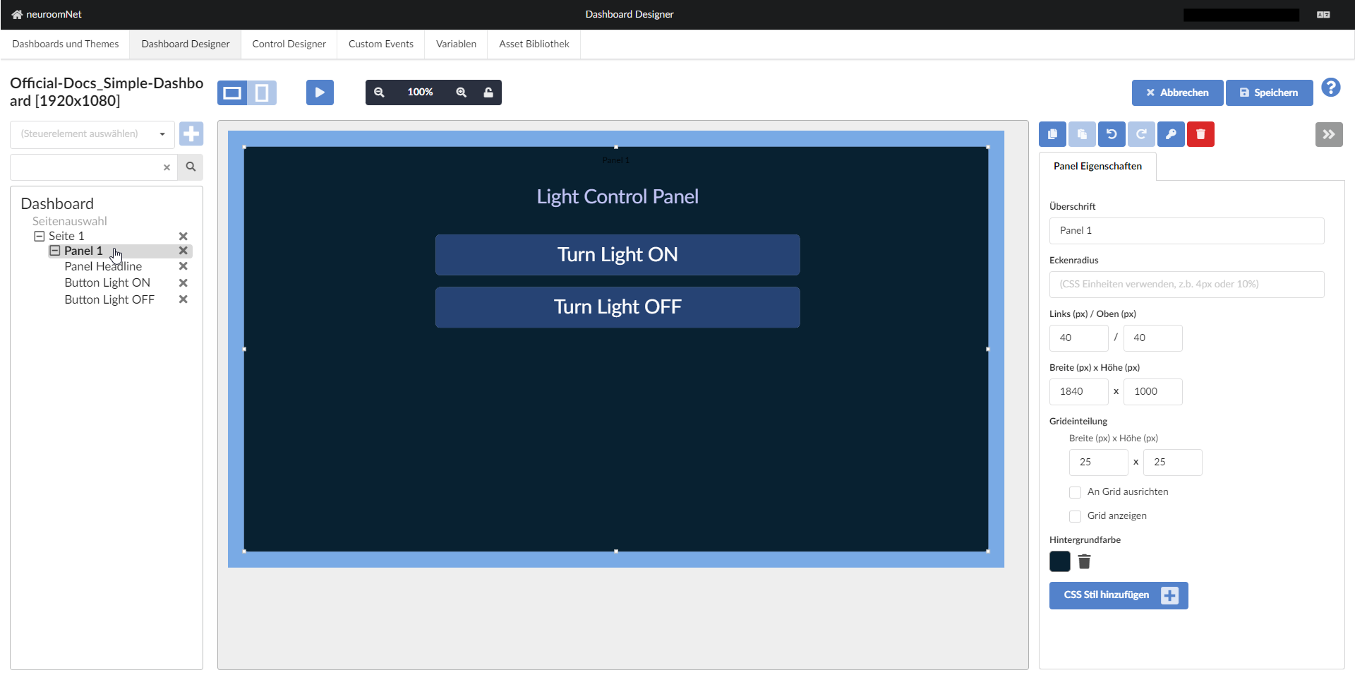 Reiter Dashboard Designer - Einstellungen für ein Panel