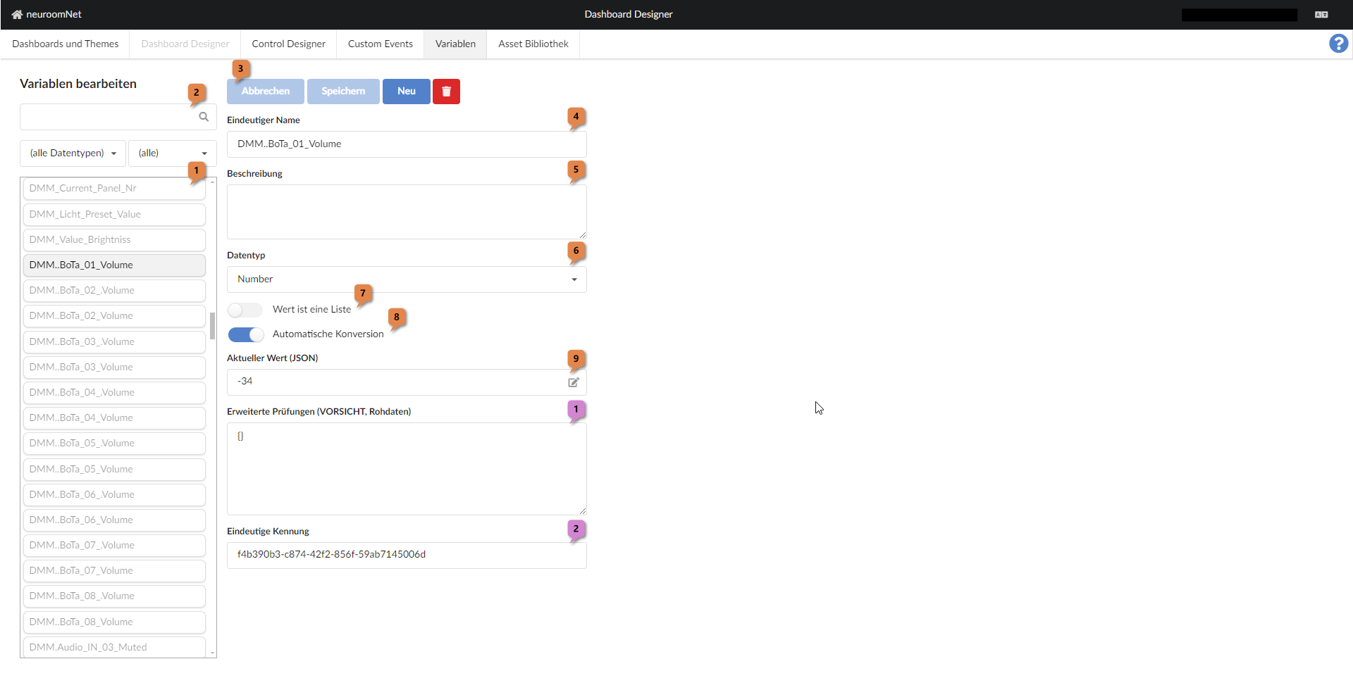 Screenshot Modul Dashboard Reiter Variablen