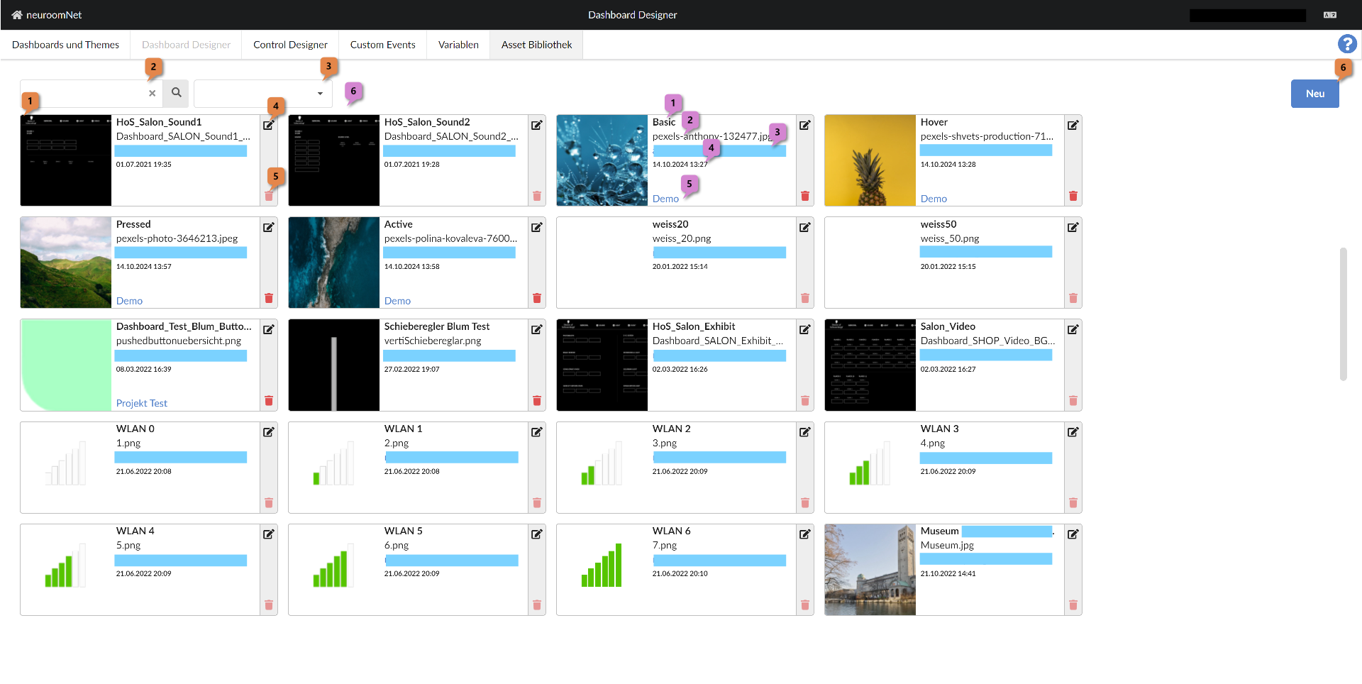 Screenshot Modul Dashboard Reiter Asset Bibliothek - Überblick