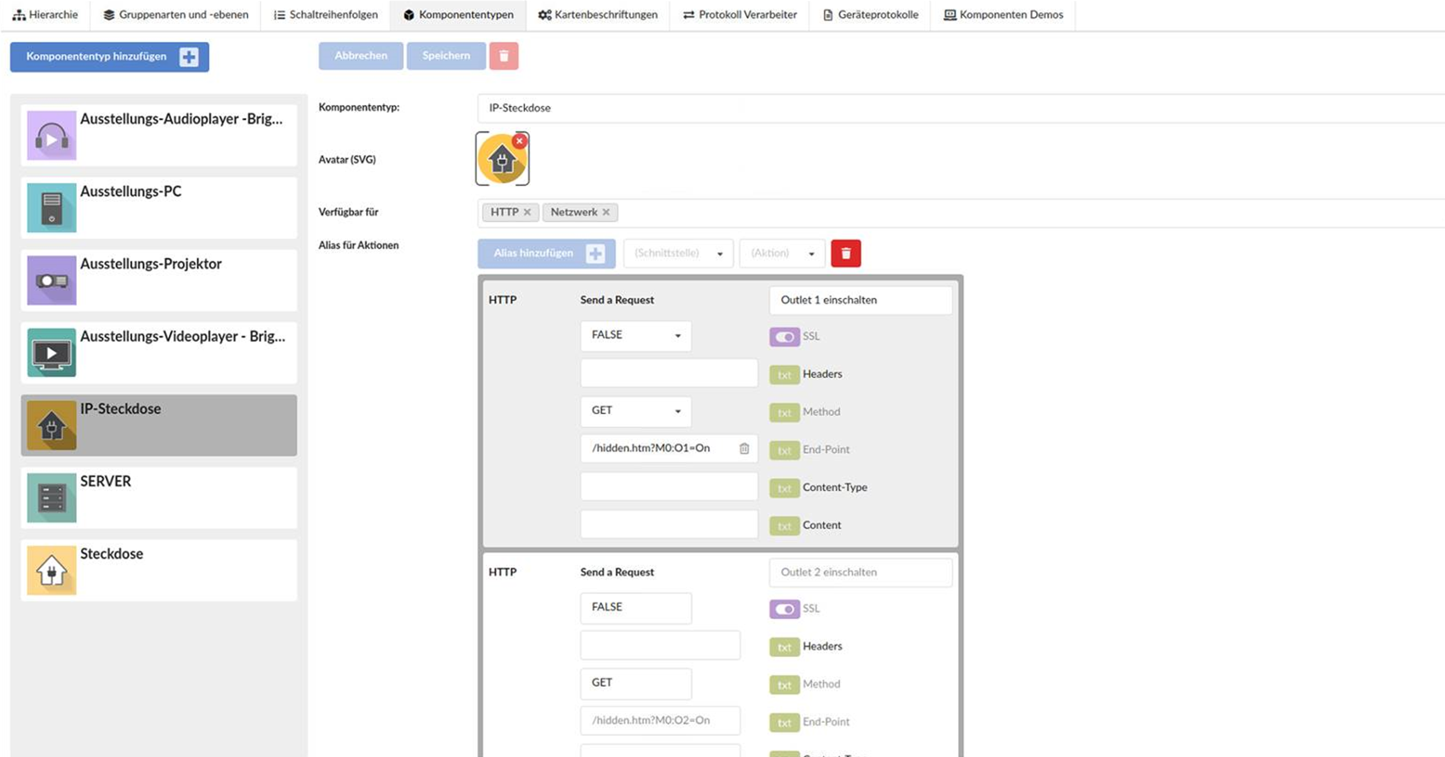 Screenshot Konfiguration von Aktionen von speziellen IP-Steckdosen via Aliase (und Provider HTTP)