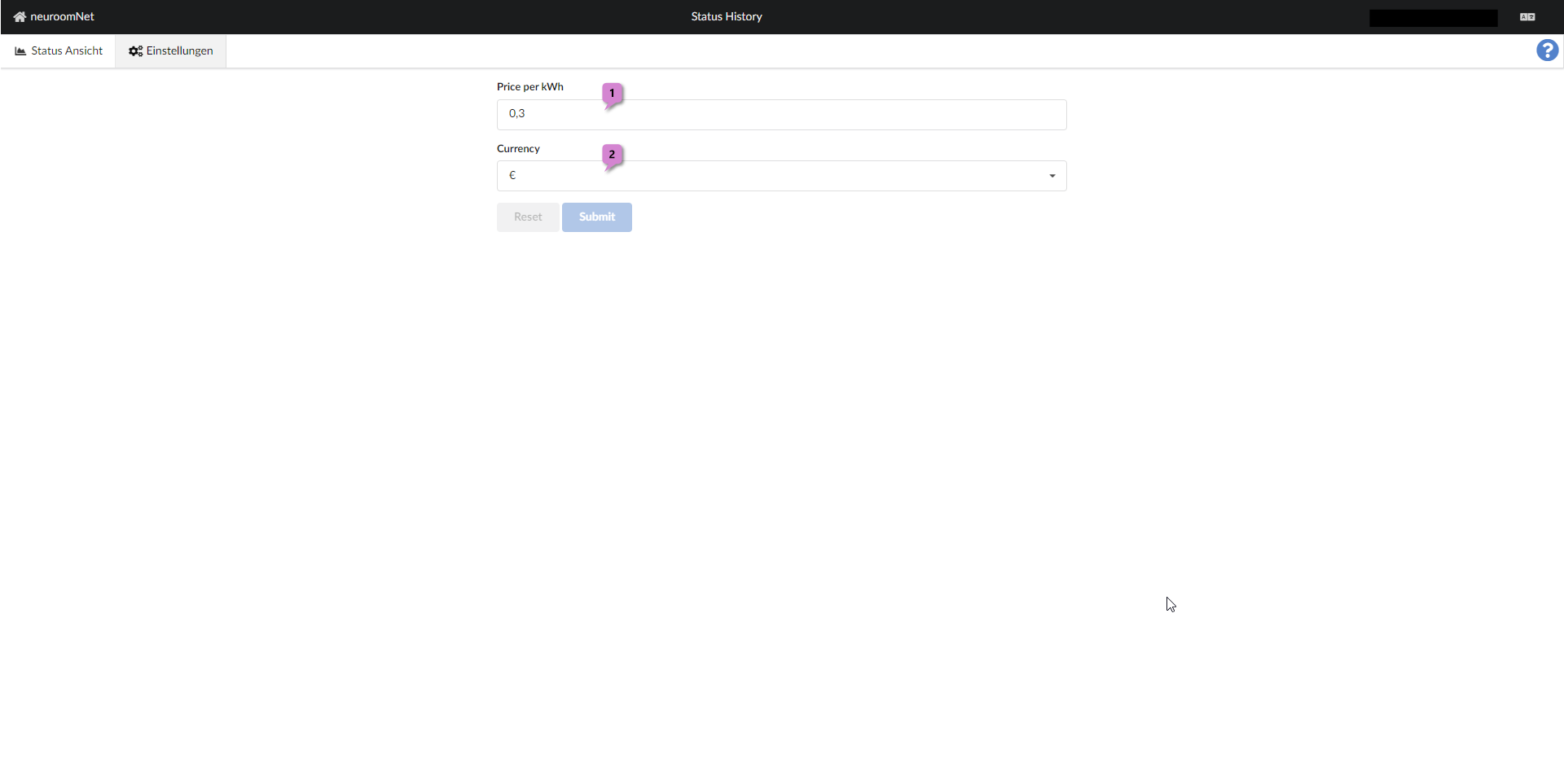 Screenshot Modul Status Historie Reiter Einstellungen"