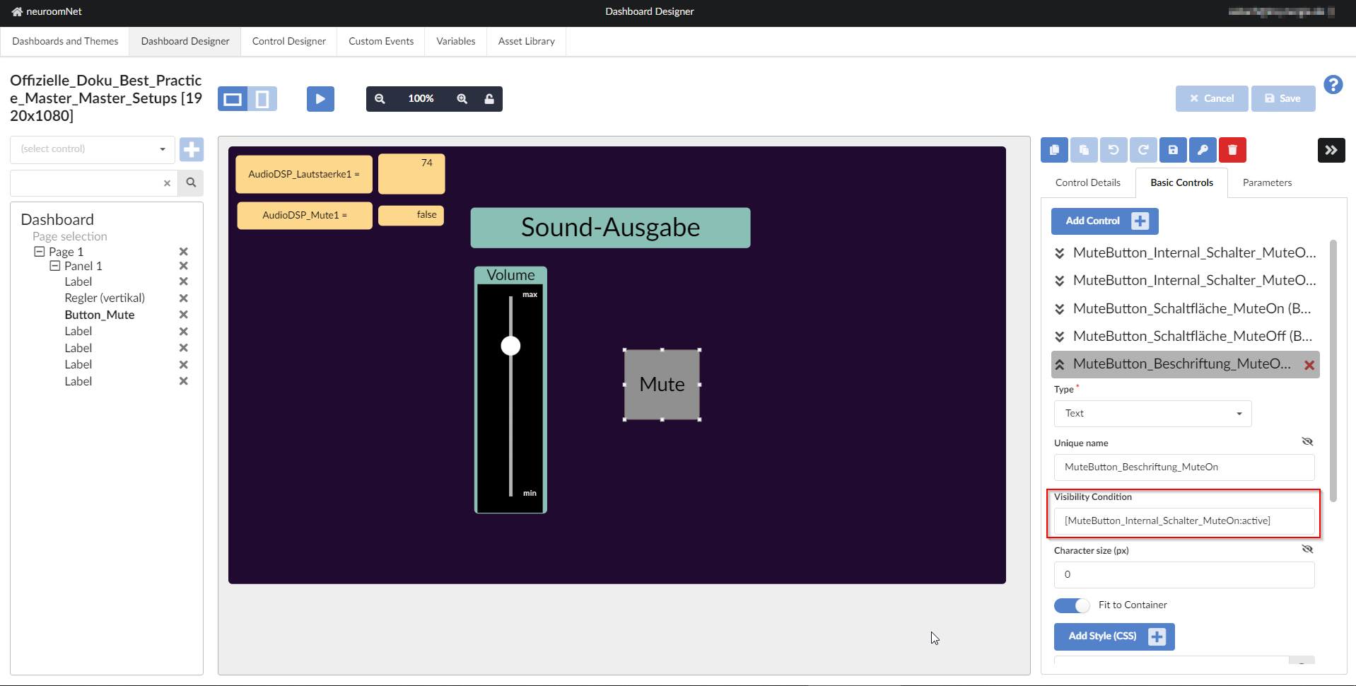 Screenshot Visibility Condition im Dashboard