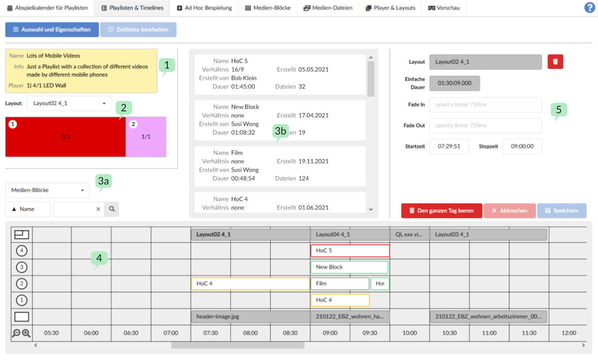 Screenshot Reiter Playlisten &amp; Timelines - Zeitleiste bearbeiten