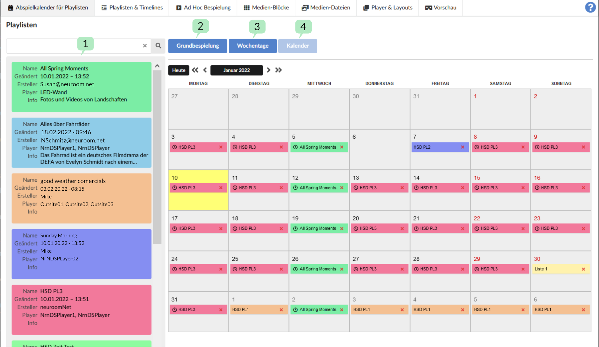 Screenshot Reiter Abspielkalender für Playlisten