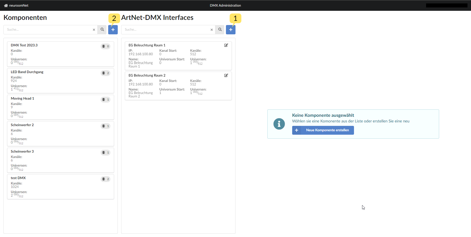 Screenshot Hardware und Komponenten hinzufügen im Modul DMX / ArtNet Administration