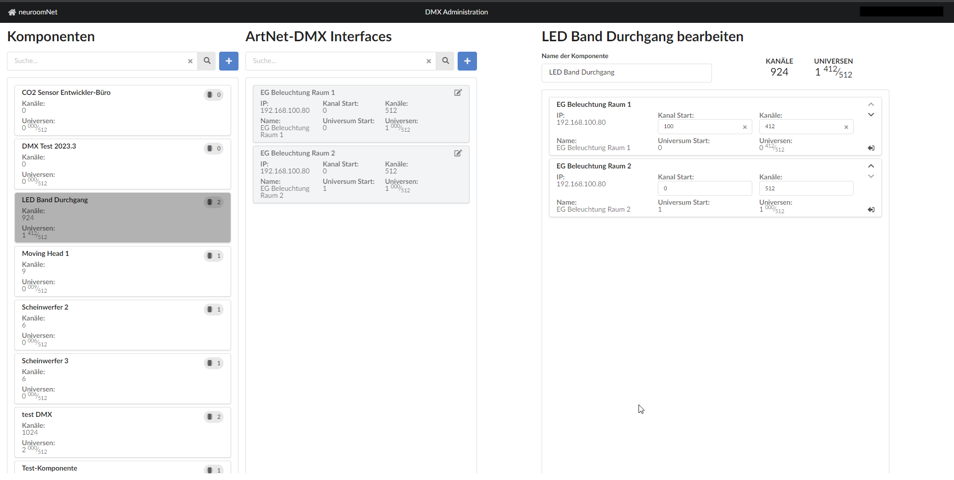 Konfiguration der Komponente und der beiden beteiligten DMX Hardwares für das LED Band