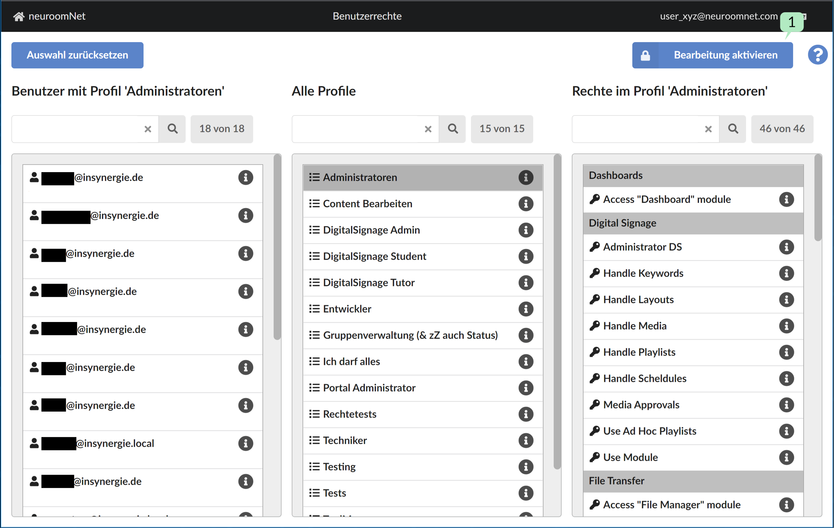 Screenshot Modul Rechteverewaltung