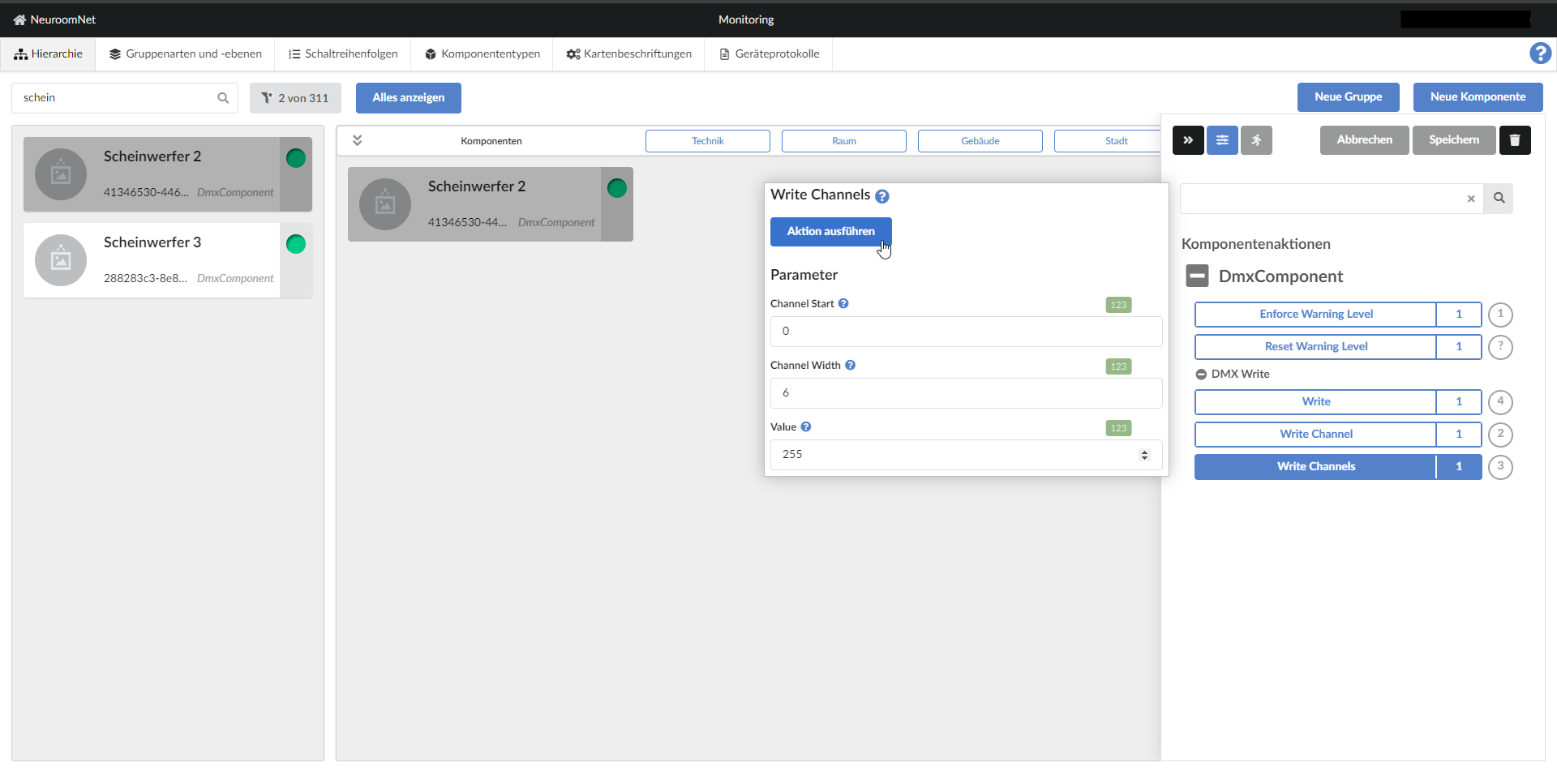 Screenshot Modul setup: Aufrufen der Aktion WriteChannels für Scheinwerfer 2