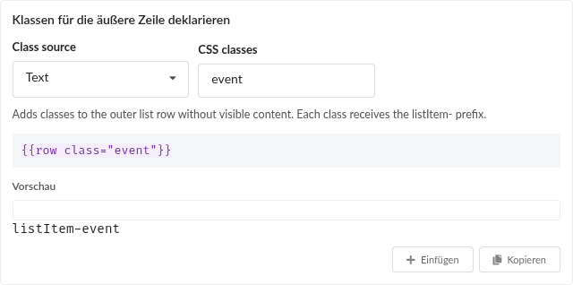 Zeilenlayout-Beispiel mit Text als Klassenquelle, event und der Vorschau-Metadatenklasse listItem-event