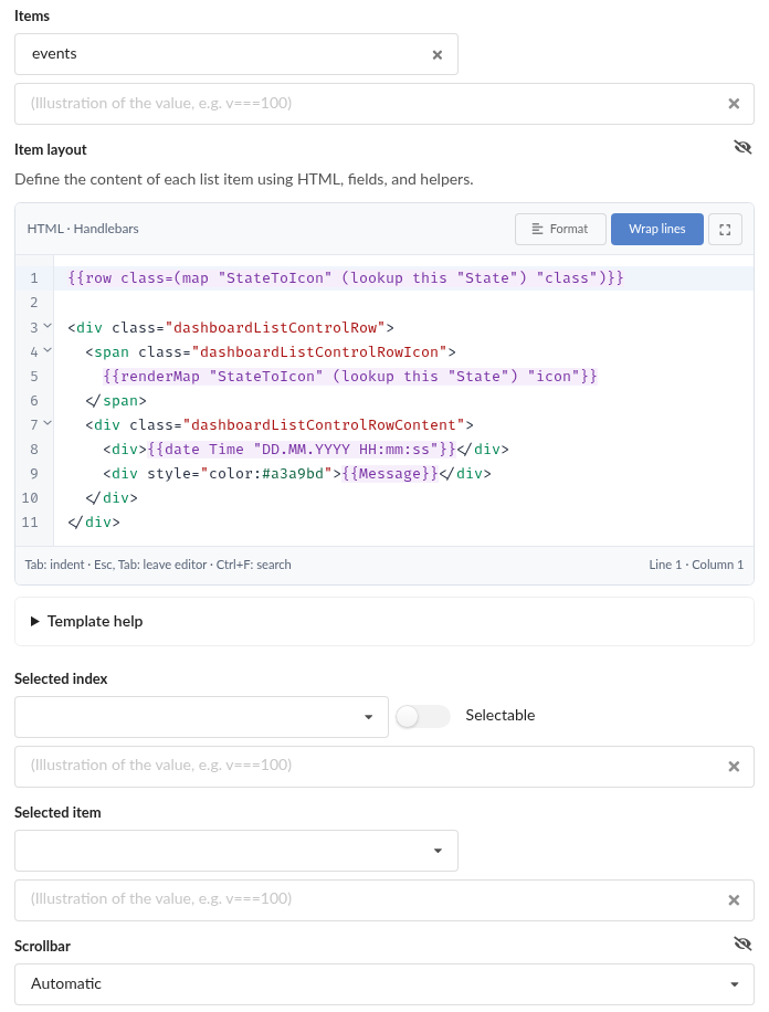 Current List properties with the Items binding, code editor, selection settings and scrollbar
