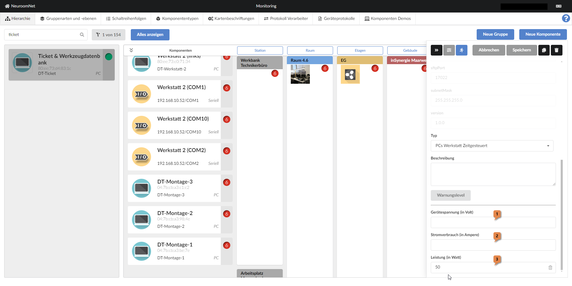Angaben zur Gerätespannung, Stromverbrauch und Leistung einer Komponente im Modul Setup"