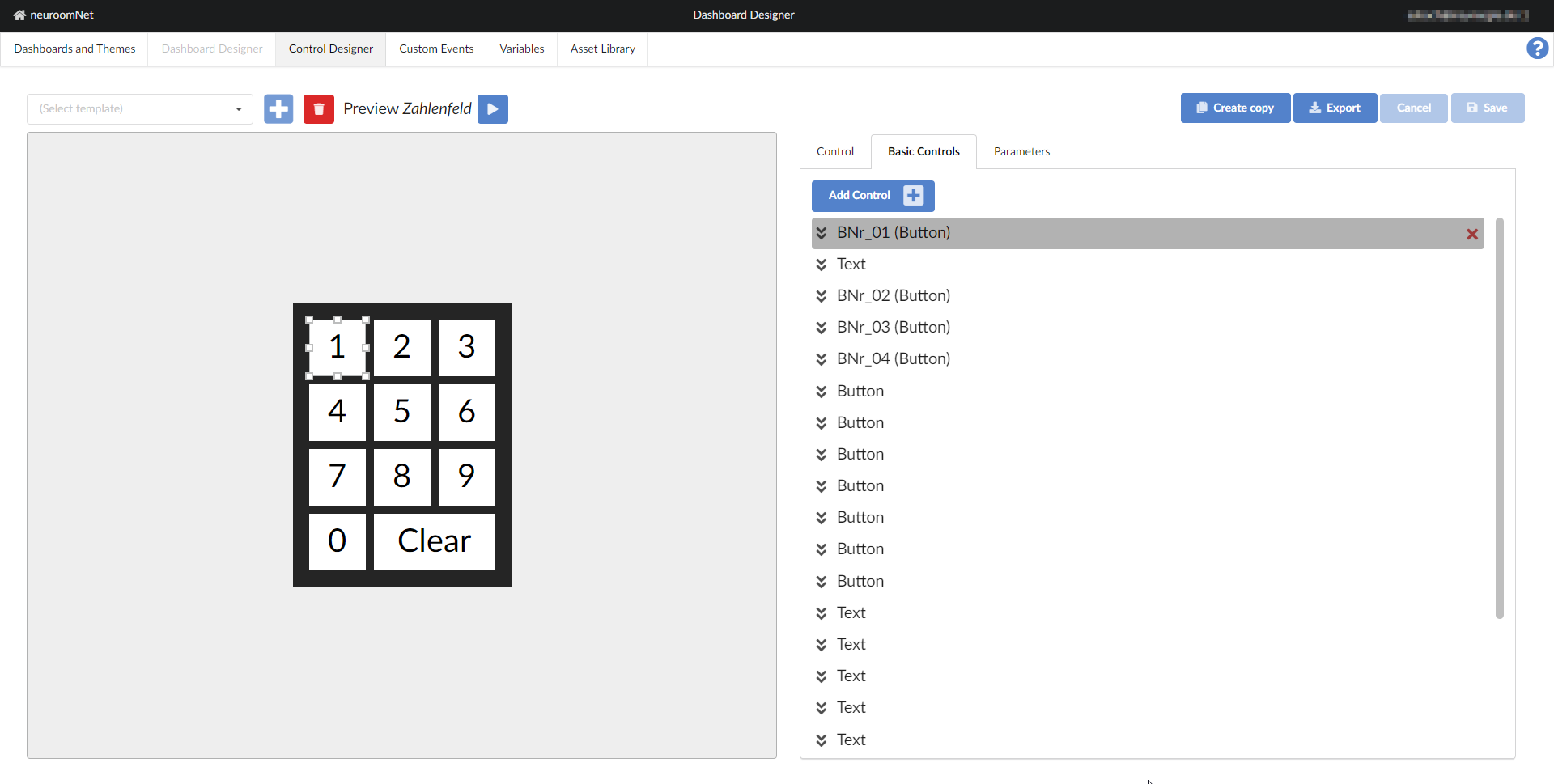 Screenshot of individual elementary modules of a template control