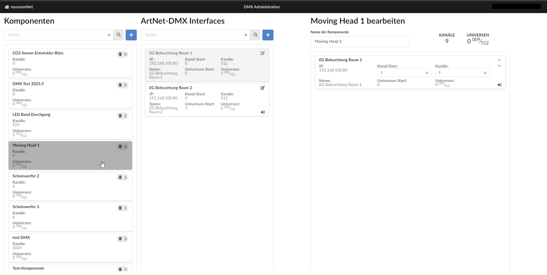 Screenshot configuration of the &quot;Moving Head 1&quot; component