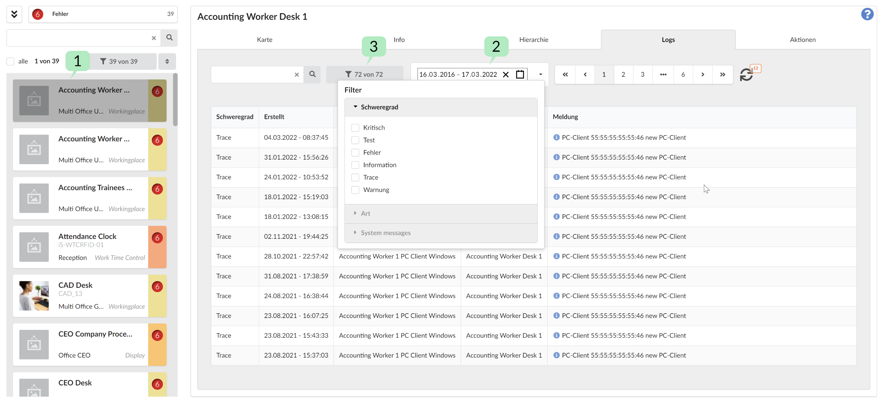 Monitoring module: Logging tab