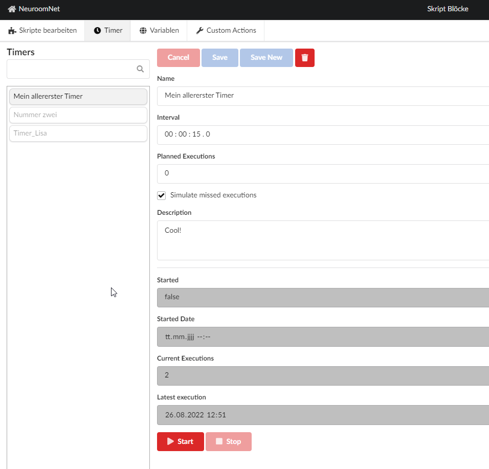 Screenshot timer configuration in the Timer tab in the Script Blocks module