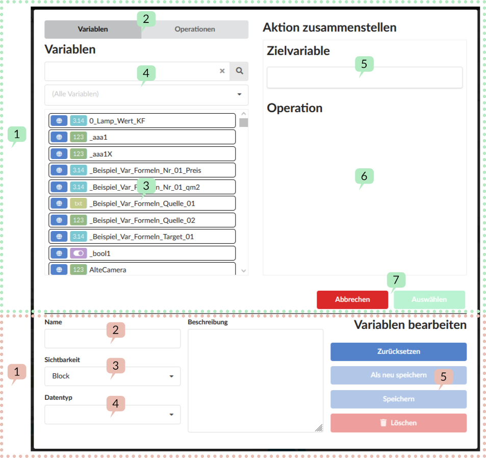 Screenshot variable dialog in the script blocks module