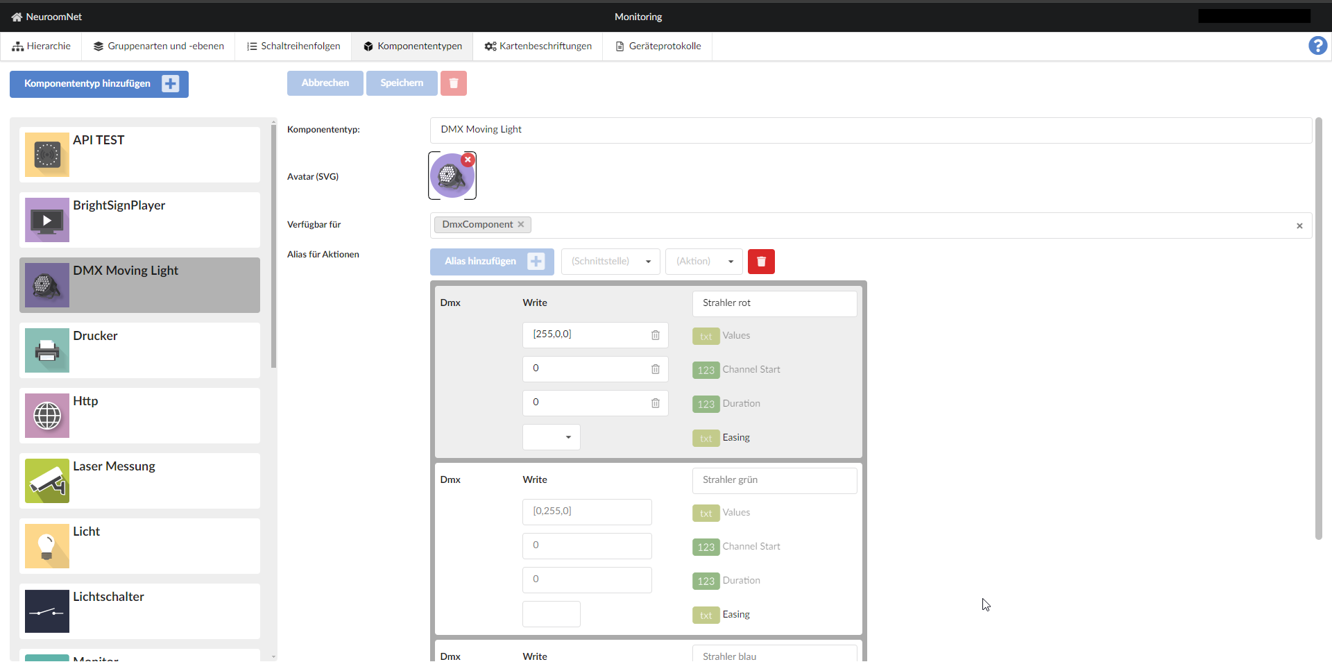 Screenshot aliases for DMX components using moving light as an example