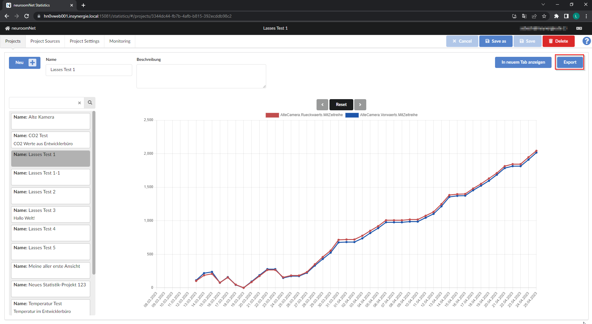 Screenshot: Export to a CSV file