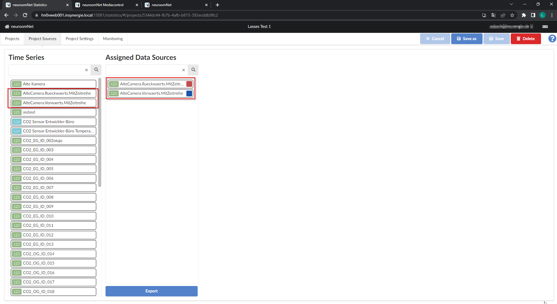 Screenshot tab Project sources in the Statistics module