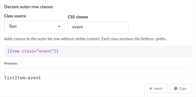 Row layout helper example with Text class source, event class and listItem-event preview metadata