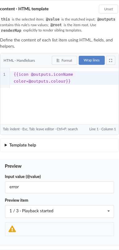 HTML fragment editor and preview with input error, a separately chosen item and a rendered warning icon
