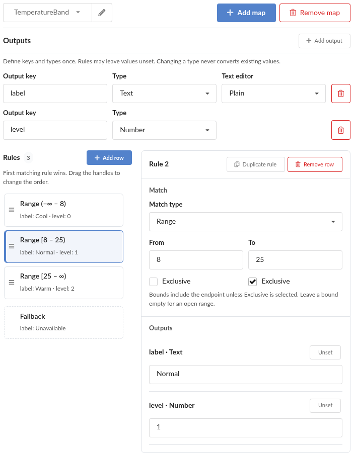 TemperatureBand editor with ordered numeric ranges and the selected rule from 8 inclusive to 25 exclusive
